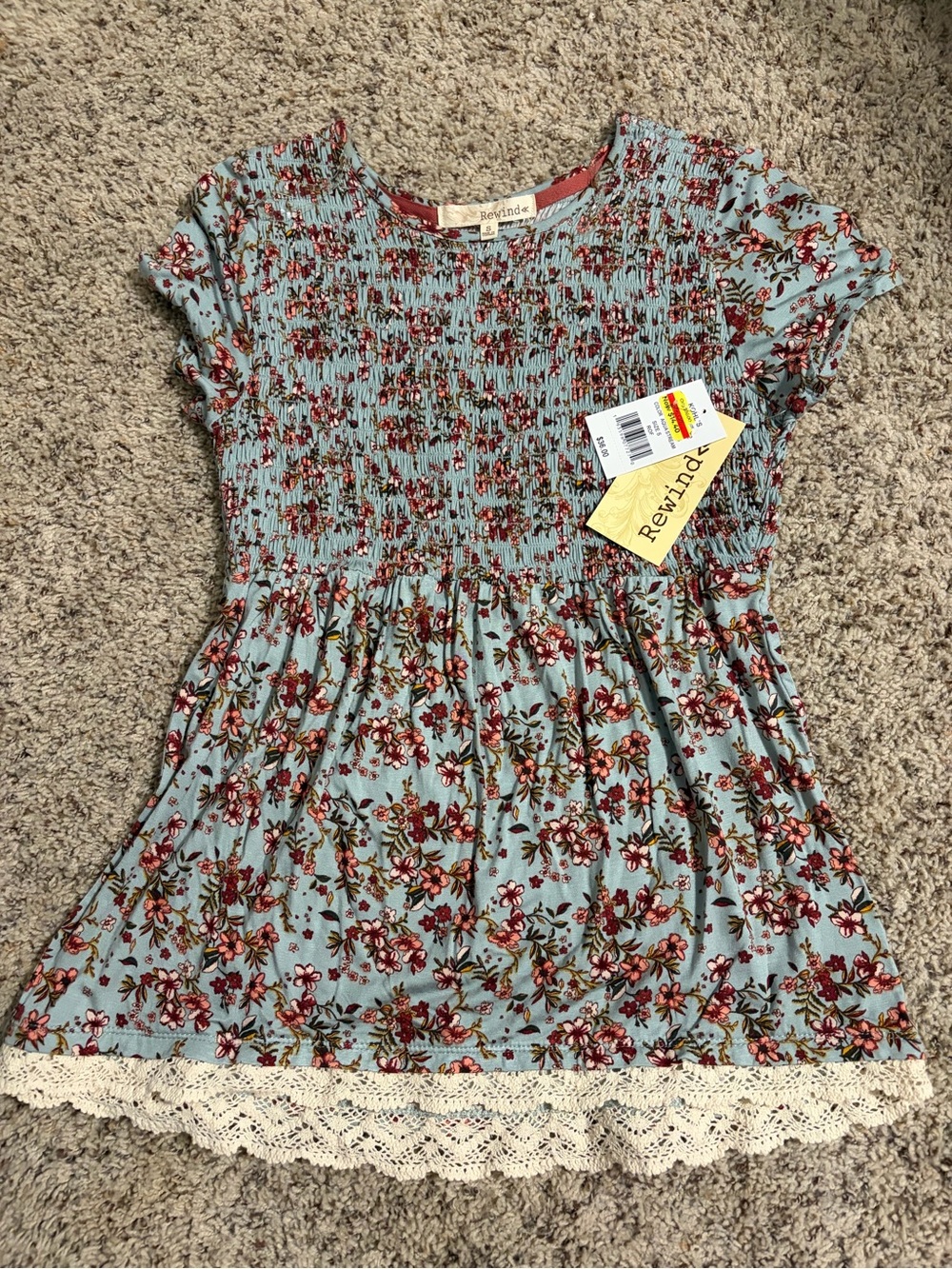 Rewind Light Blue Floral Smocked Dress with Cream Lace Trim